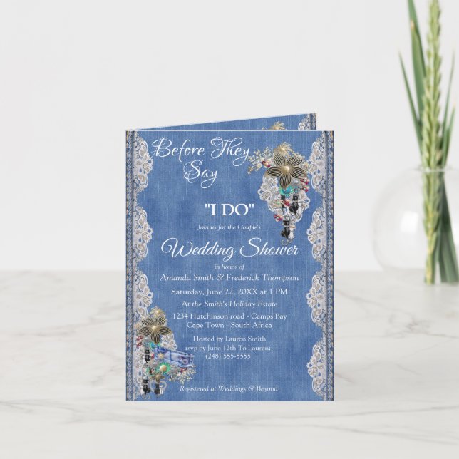 Blue Denim,flowering lace and Costume Jewelry Invitation (Front)