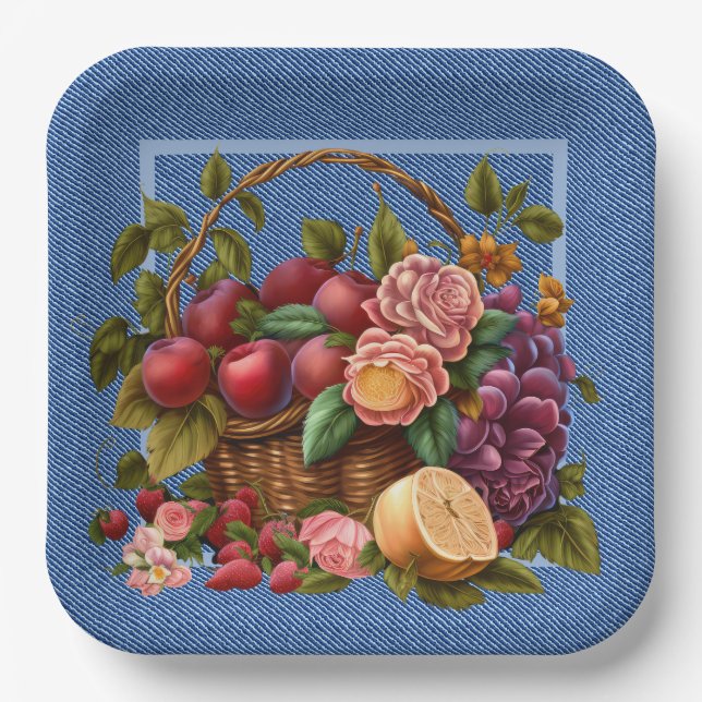 Blue Denim Fruit And Flowers Paper Plates (Front)