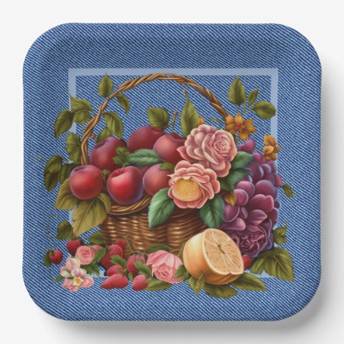 Blue Denim Fruit And Flowers Paper Plates
