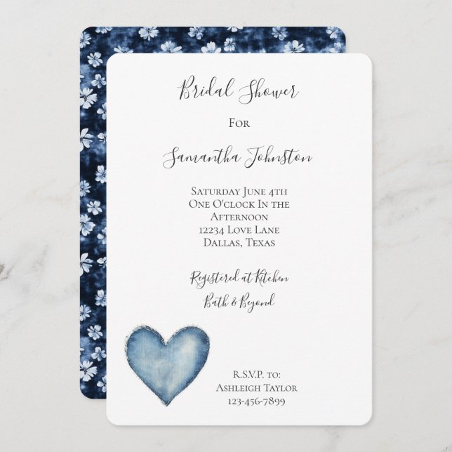 Blue Denim Heart Floral Bridal Shower Invitation (Front/Back)
