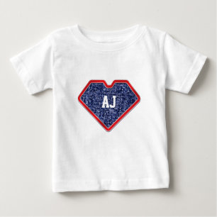 Blue Denim Heart Monogram Super Hero Emblem Baby T-Shirt