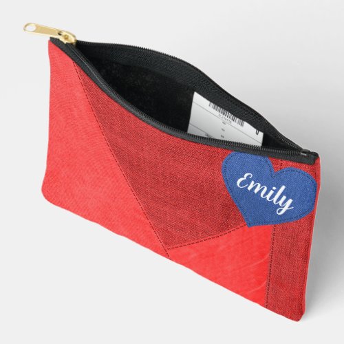 Blue Denim Heart On Red Accessory Pouch