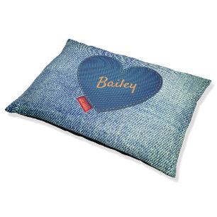 Blue Denim Heart Pocket Gold Pet Name Large Pet Bed