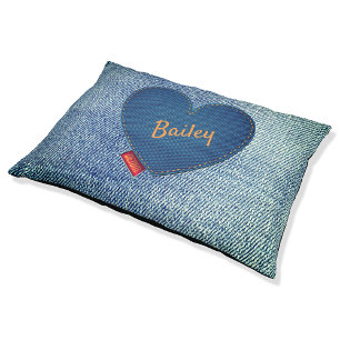 Blue Denim Heart Pocket Gold Pet Name Large Pet Bed