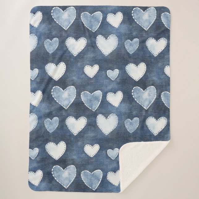 Blue Denim Hearts Sherpa Blanket (Front)