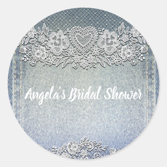 Blue Denim Jean & White Heart Lace Bridal Shower Classic Round Sticker (Front)