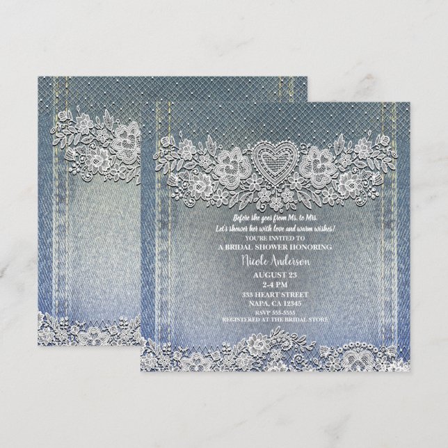 Blue Denim Jean & White Heart Lace Bridal Shower Invitation (Front/Back)