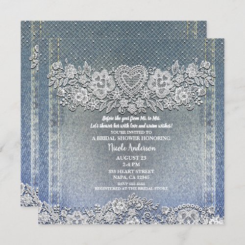 Blue Denim Jean  White Heart Lace Bridal Shower Invitation