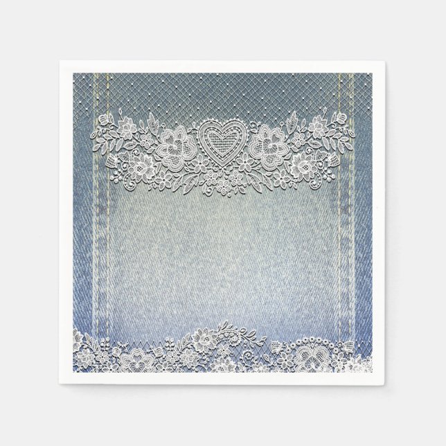 Blue Denim Jean & White Heart Lace Bridal Shower Napkins (Front)