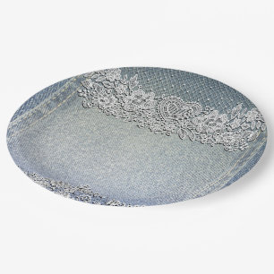 Blue Denim Jean & White Heart Lace Bridal Shower Paper Plates
