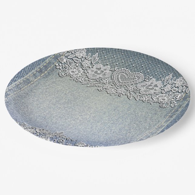 Blue Denim Jean & White Heart Lace Bridal Shower Paper Plates (Angled)