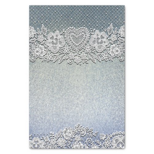 Blue Denim Jean  White Heart Lace Bridal Shower Tissue Paper