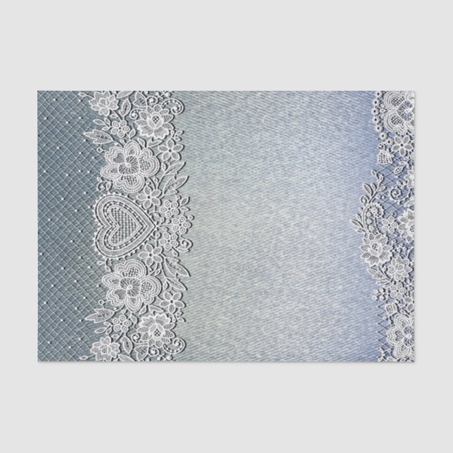 Blue Denim Jean & White Heart Lace Bridal Shower Tissue Paper (Front)
