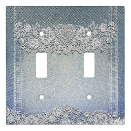 Blue Denim Jean &amp; White Heart Lace Light Switch Cover