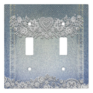 Blue Denim Jean & White Heart Lace Light Switch Cover