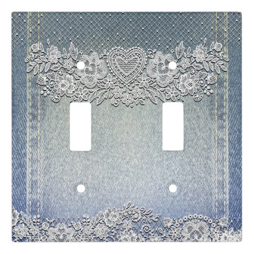 Blue Denim Jean  White Heart Lace Light Switch Cover