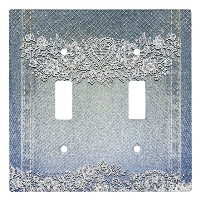 Blue Denim Jean & White Heart Lace Light Switch Cover (Front)