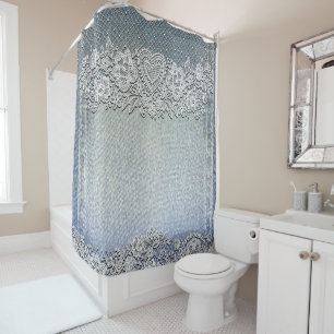 Blue Denim Jean & White Heart Lace Shower Curtain