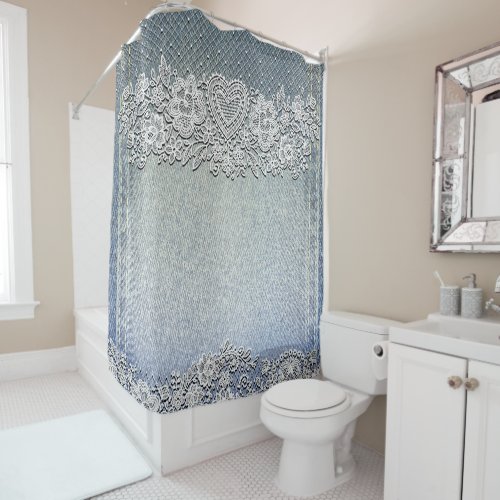 Blue Denim Jean  White Heart Lace Shower Curtain