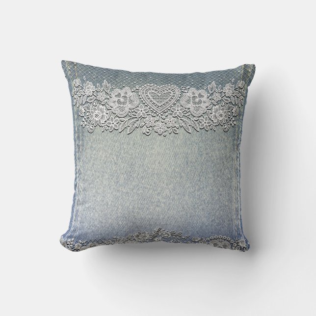Blue Denim Jean & White Heart Lace Throw Pillow (Front)