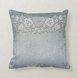 Blue Denim Jean & White Heart Lace Throw Pillow