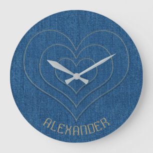 Blue Denim Jeans Fabric 3 Hearts Name Personalized Large Clock