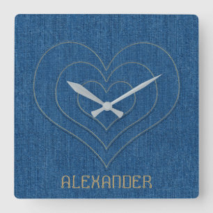 Blue Denim Jeans Fabric 3 Hearts Personalized Name Square Wall Clock