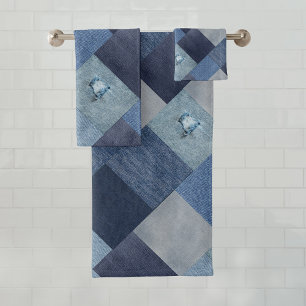 Blue Denim Jeans Patchwork Bath Towel Set