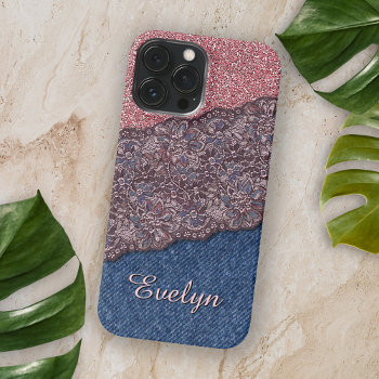 Blue Denim Jeans Rose Gold Pink Glitter Pattern Iphone 11 Pro Max Case by CaseConceptCreations at Zazzle