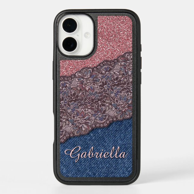 Blue Denim Jeans Rose Gold Pink Glitter Pattern Otterbox iPhone Case (Back)