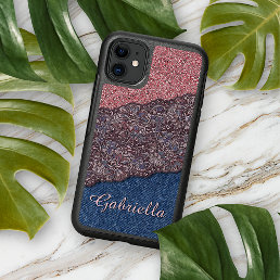 Blue Denim Jeans Rose Gold Pink Glitter Pattern iPhone 13 Case