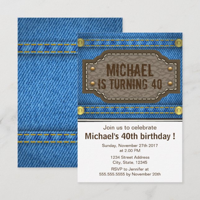 Blue denim jeans with leather label birthday party invitation (Front/Back)