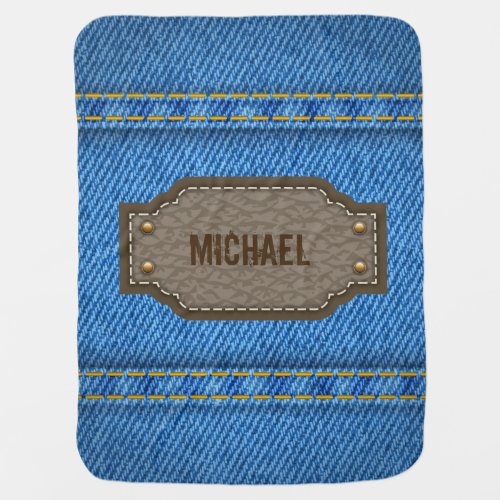 Blue denim jeans with leather name label baby receiving blanket