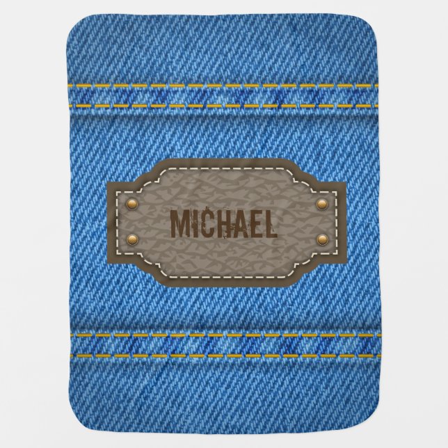 Blue denim jeans with leather name label baby receiving blanket (Front)