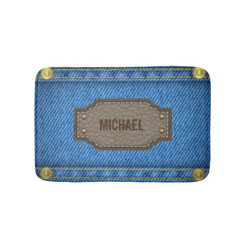 Blue denim jeans with leather name label bathroom mat