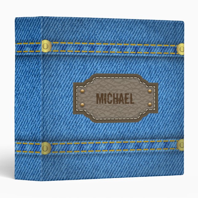 Blue denim jeans with leather name label binder (Front/Spine)