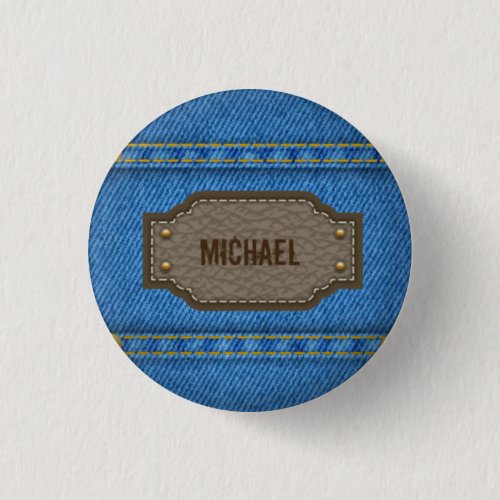 Blue denim jeans with leather name label button