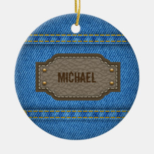 Blue denim jeans with leather name label ceramic ornament