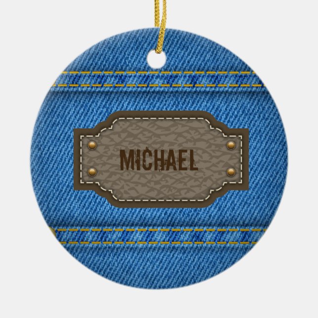 Blue denim jeans with leather name label ceramic ornament (Front)