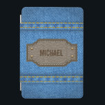 Blue denim jeans with leather name label iPad mini cover<br><div class="desc">A fun item for the jeans lover! This item has a jeans texture with a personalized leather name tag. 
The label is based on a label from Happymeluv on Vecteezy.</div>