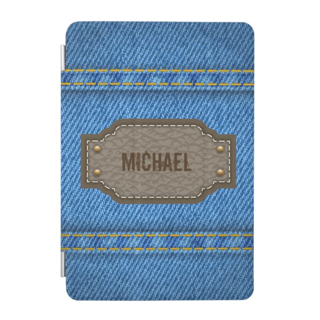Blue denim jeans with leather name label iPad mini cover (Front)