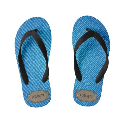 Blue denim jeans with leather name label kids flip flops