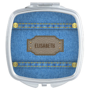 Blue denim jeans with leather name label mirror for makeup