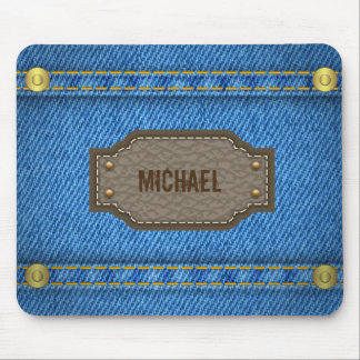 Blue denim jeans with leather name label mouse pad