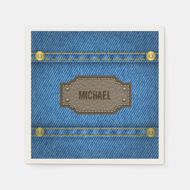 Blue denim jeans with leather name label napkins (Front)