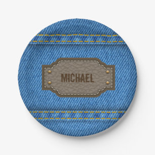Blue denim jeans with leather name label paper plates