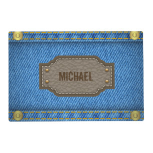 Blue denim jeans with leather name label placemat