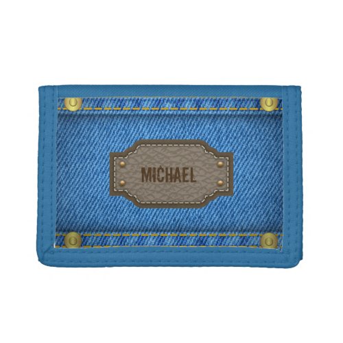 Blue denim jeans with leather name label tri_fold wallet