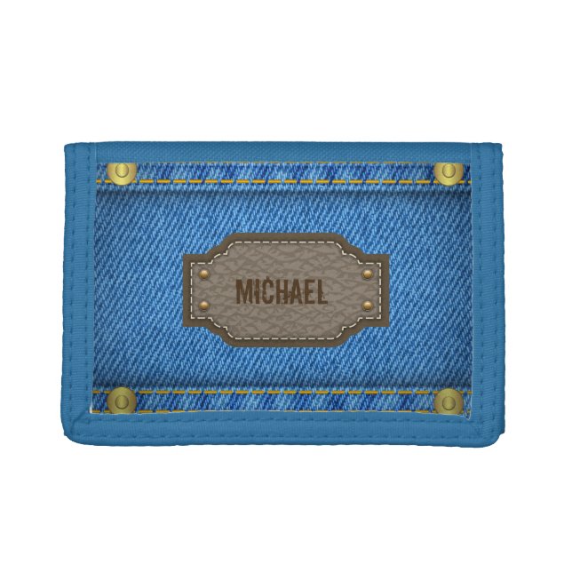 Blue denim jeans with leather name label tri-fold wallet (Front)