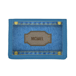 Blue denim jeans with leather name label trifold wallet